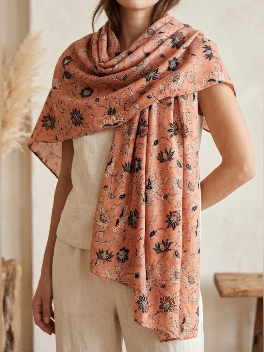 Ulla Johnson Scarf Wrap Spring Summer 2022 Floral Batik Peach Cotton Sarong